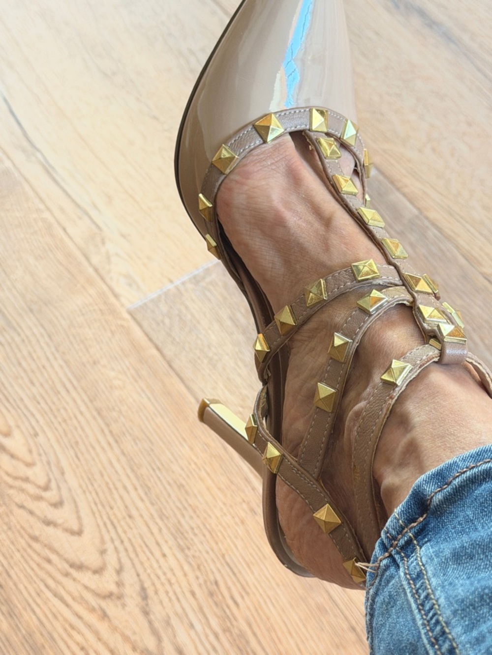 BCBGeneration Nude Patent T-Strap Pointed Stud Pumps - Picture 3 of 14